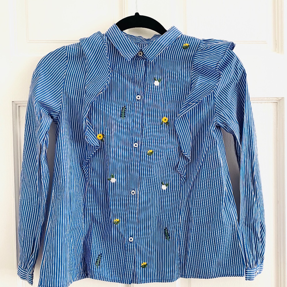 ZARA GIRLS striped collared dress shirt with floral design and ruffles